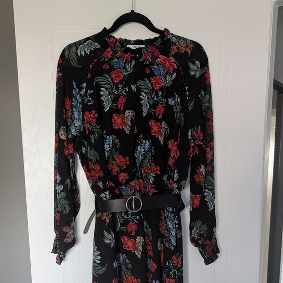 Black Floral Mock Neck Long Sleeve Maxi Dress with Belt - Picture 1 of 4